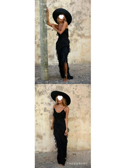 European-American Backless Spaghetti Strap Wave Slim-Fit Slit Maxi Dress