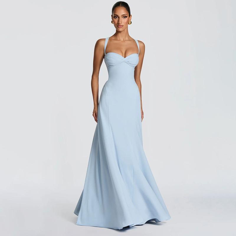 Abito Lungo Aderente Elegante da Donna Senza Maniche con Incrocio sulla Schiena Monocolore