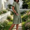 Women Casual Loose Fit Short Sleeve Dress with Lapel Collar Button Front and Pockets Comfortable Summer Dress