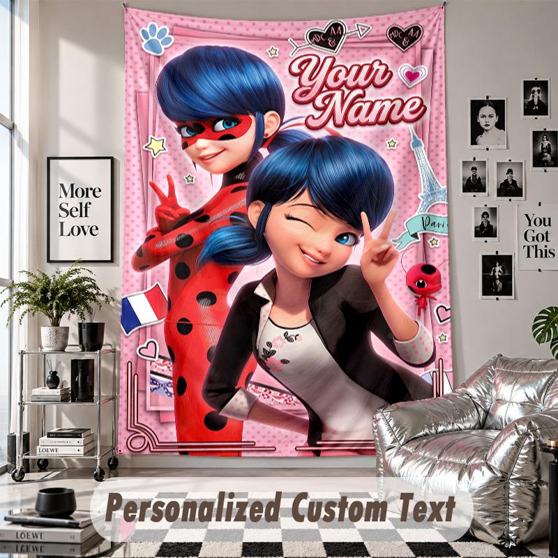 Wall Hanging Tapestry With Custom Name & Text, Miraculous Ladybug Decorative Tapestry For Bedroom