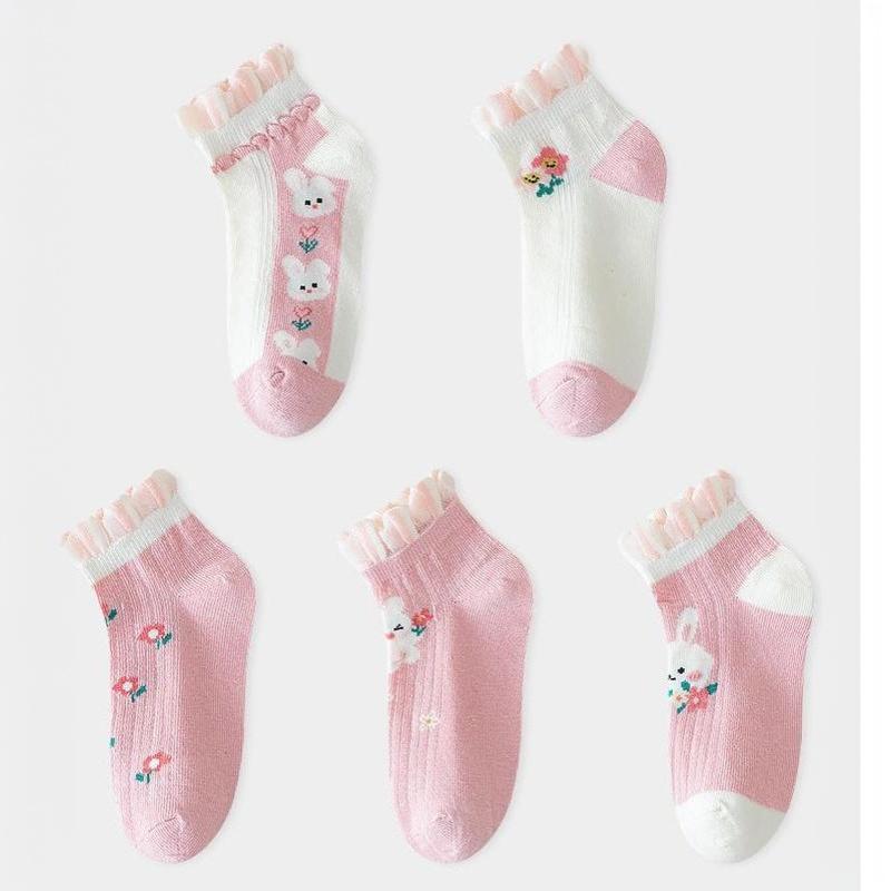 Children's Mid-Calf Socks 5 Pairs Cute Rabbit Floral Design Lace Edge Soft Elastic Socks for Toddler Girls All Seasons