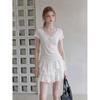 White V-neck Lace Front Shoulder Short-sleeved T-shirt Women's Summer Design Sense Unique Lace-up Shirt Beautiful Top