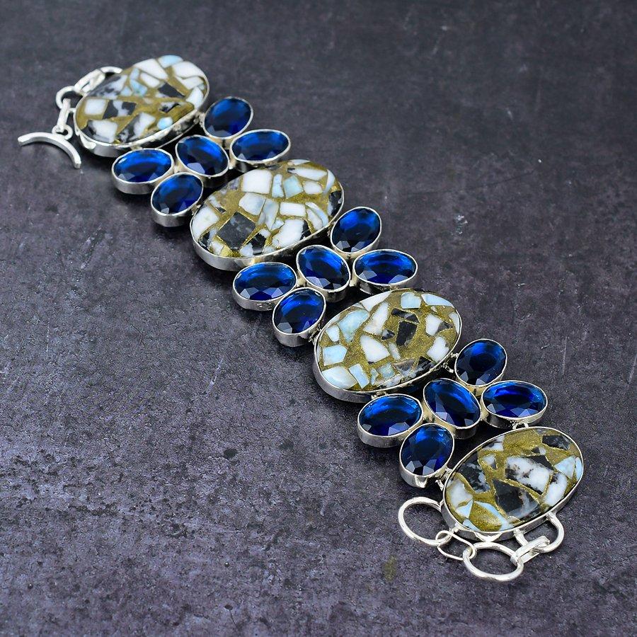 Zebra Jasper, Blue Topaz Handmade 925 Sterling Silver Gift Bracelet 7-8" f7K12
