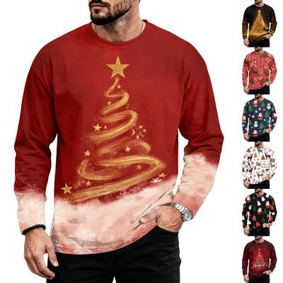 Camiseta casual holgada para hombre con cuello y manga larga con estampado navideño, capa base de invierno