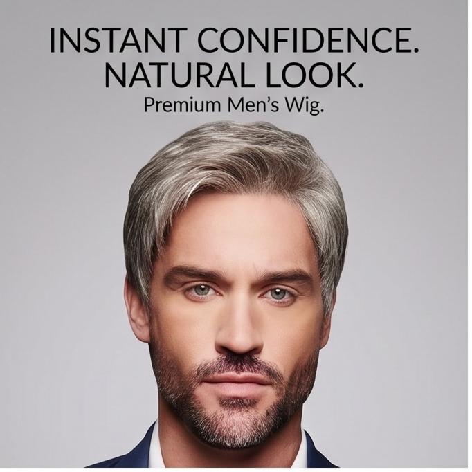 Men’s Grey Short Fluffy Side-Part Synthetic Wig, Adjustable Breathable Cap, Natural Look for Daily & Casual Occasions