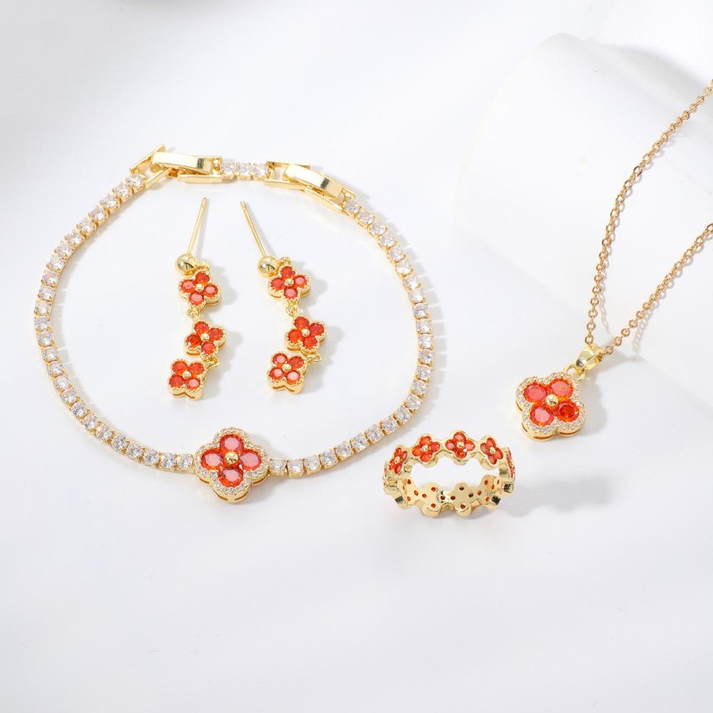New Small Exquisite, and Versatile Four-leaf Clover Necklace Bracelet Earrings and Ring Set - A Birthday Gift