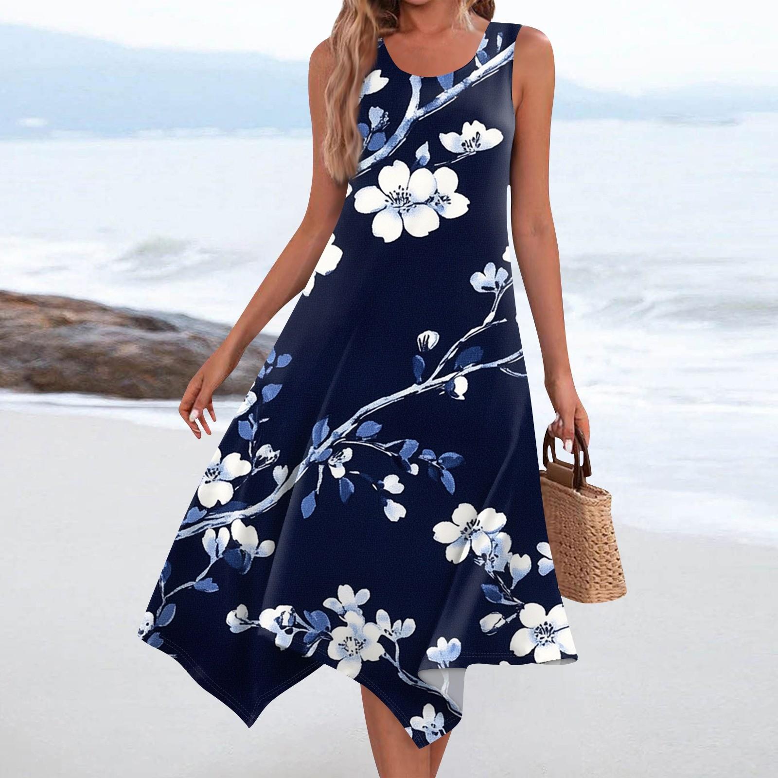 

Женское повседневное модное платье средней длины с круглым вырезом без рукавов с винтажным цветочным принтом и неровным подолом XXL тёмно-синий