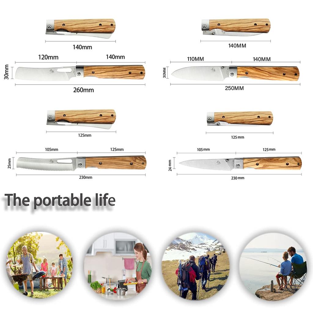 SENBON 440A Steel Folding Outdoor Camping Olive Wood Camping BBQ Set Knife, Portable, Knife, Knife, Handle, Travel, Petit, 4-Piece
