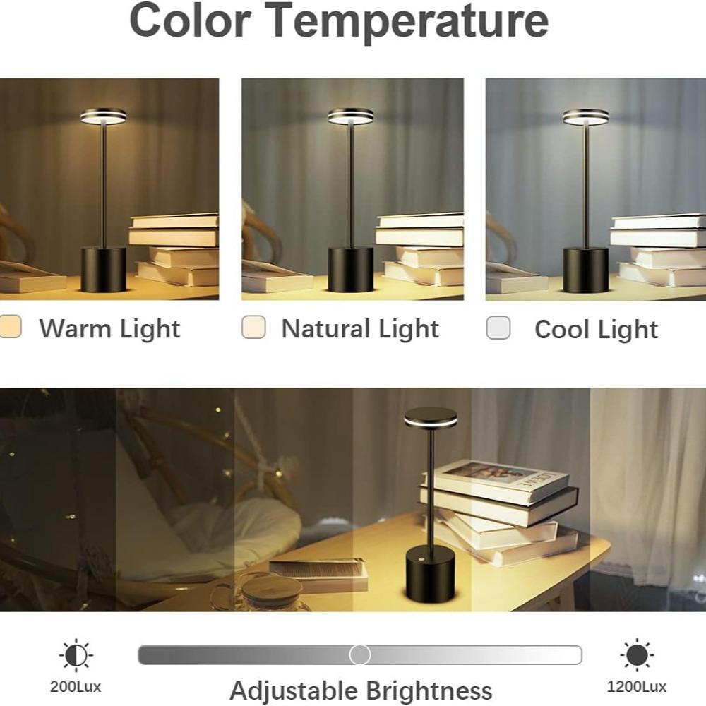 Cordless Table Lamp Rechargeable, 5000mAh Battery Operated Lamp, 3 Color Stepless Dimming Table Lamp, Metal Table Light, 48 Hours Usage, Wireless Outd
