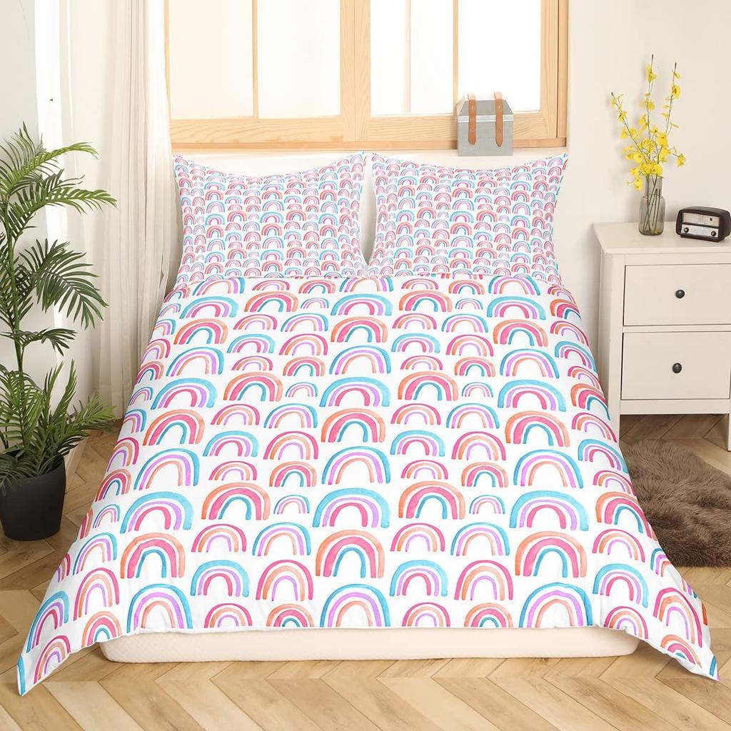 Cartoon Rainbow King Queen Duvet Cover Kids Girls Colorful Clouds Bedding Set Love Heart Comforter Cover Polyester Quilt Cover