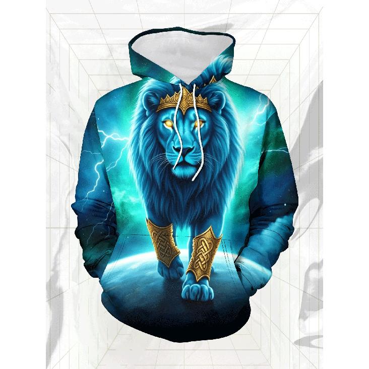 Men's Trendy Street Style Hooded Sweatshirt And Long Pants Set with Starry Lion 3D Print, Casual Sports 2pcs Set, Versatile Fashion Streetwear