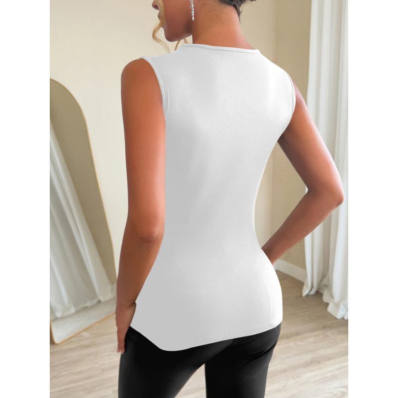 Damen S Schwarzes geripptes ärmelloses T-Shirt Top mit Strassbesatz