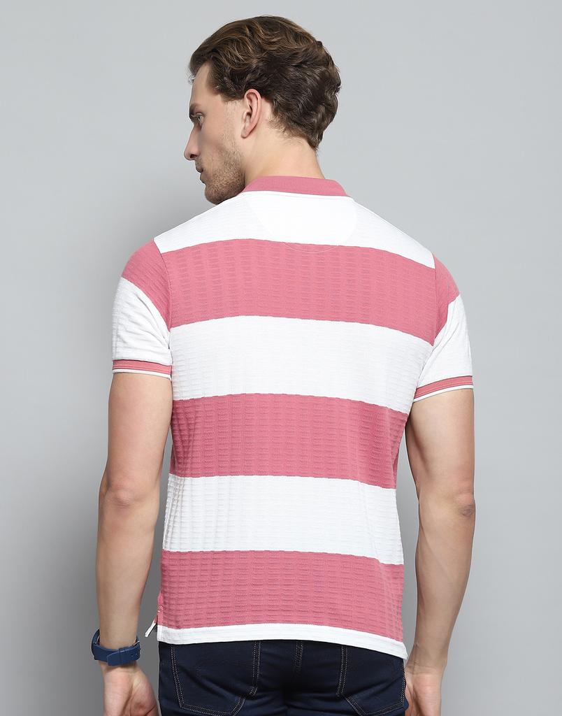 MONTE CARLO Mens Striped Pink Collar Neck Half Sleeve T-Shirt
