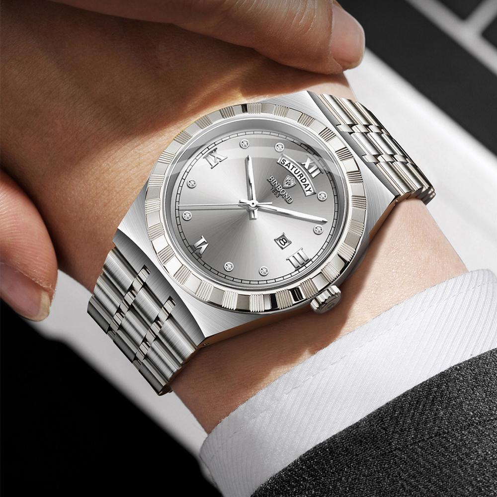 BINBOND Men's Watches Simple Fashion Original Quartz Watch for Man Texture Dial Stainless Steel Date Week Trend Dress Wristwatch