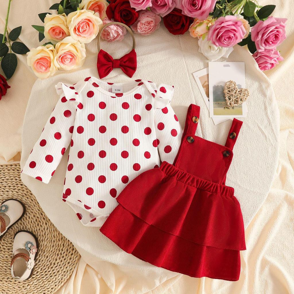 Autumn/Winter Baby Girl Ribbed Bodysuit, Corduroy Overalls Skirt & Bow Set