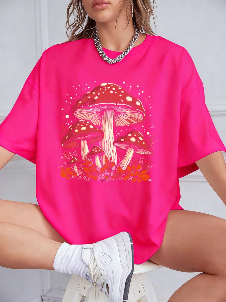 Red Mushroom Personality Prints TShirt Women Cotton Summer Short Sleeve T Shirt Soft Loose ONeck Tops Casual Woman Clothes