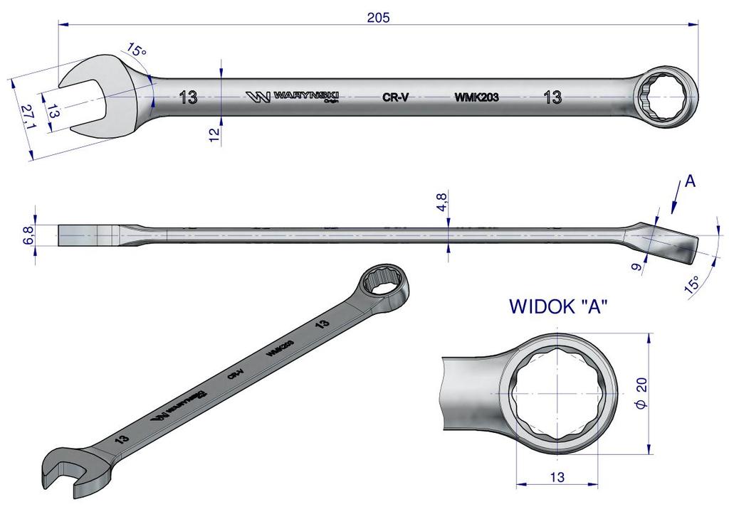 Klucz Płaskooczkowy Extra Długi 13Mm Dł 205Mm Standard Asme B107.9M Waryński