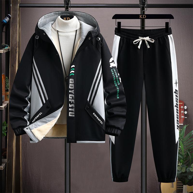 Winter Fleece Thicken Casual Tracksuit Sets Trend Hooded Patchwork Set Autumn Warm Sportswear Jacket Trousers Suits