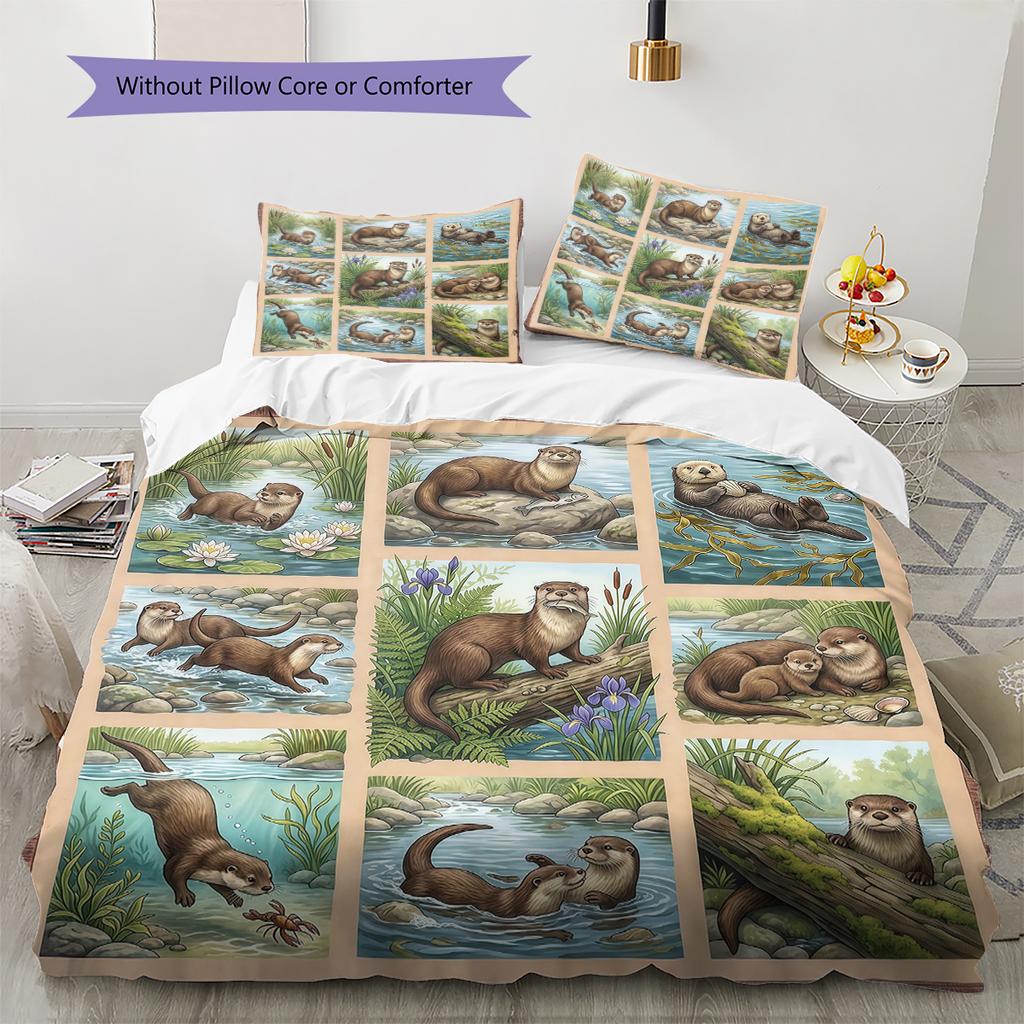 Retro Oil Painting Animals Pattern Bedding,Quilt Set Quilt Cover Pillowcase Home Birthday Gift (1 * Duvet Cover + 2 * Pillowcase, Without Core)