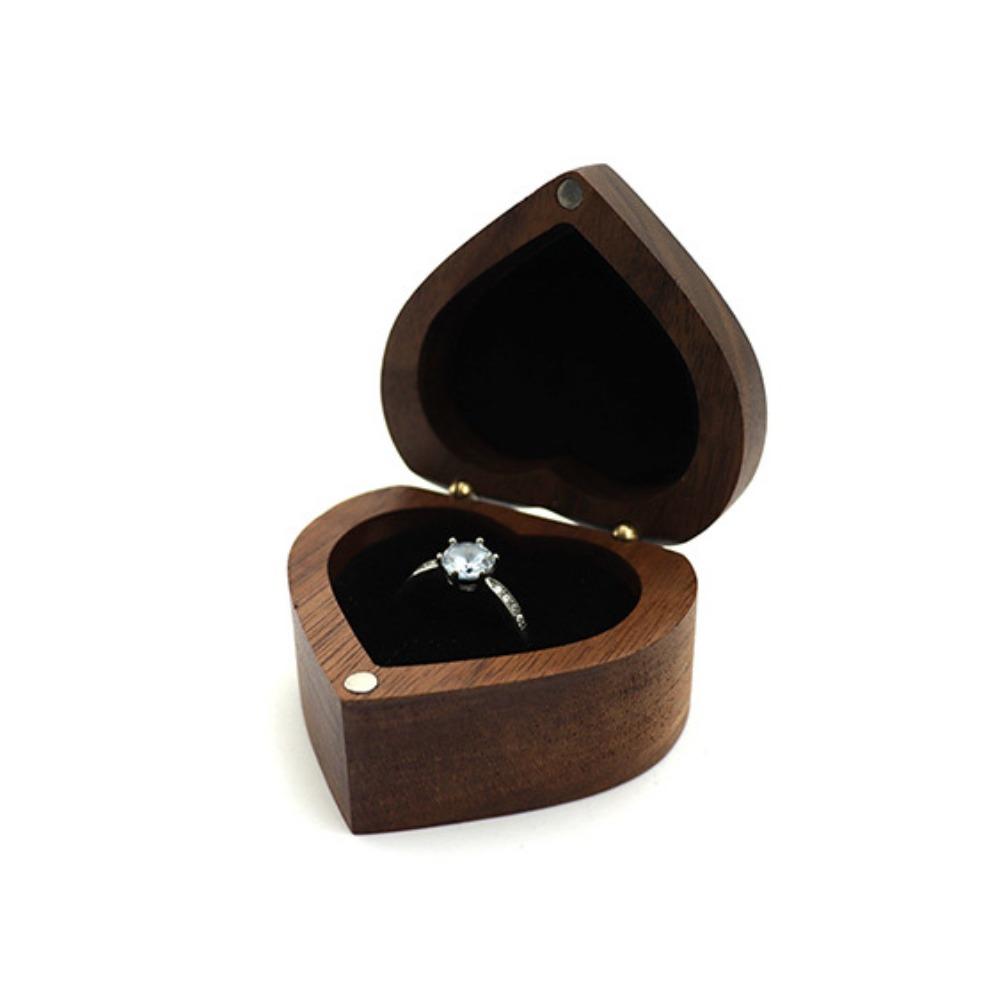 Wedding Heart Rings Holder Anti-collision Rings Bearer Box Simple Walnut Wood Rings Box  Propose