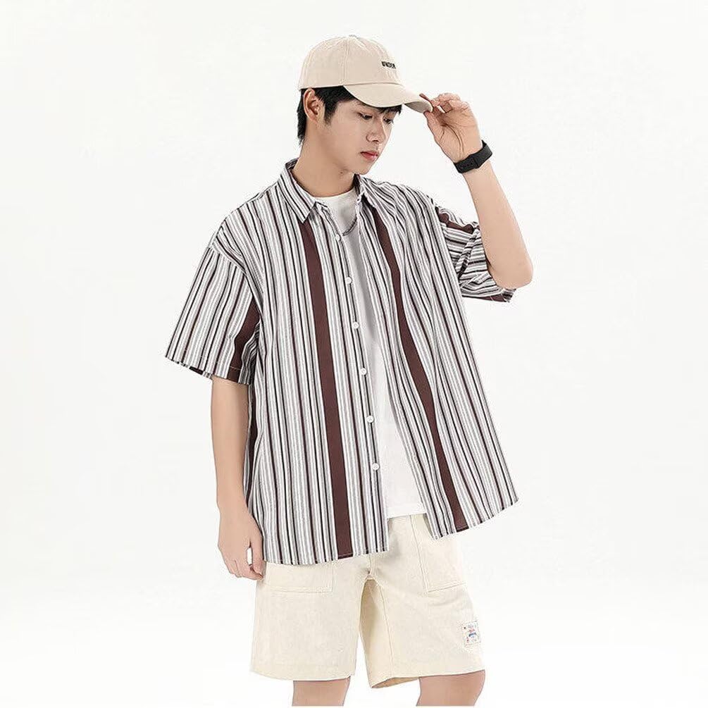 Tenflow Plus Size Casual Short Open Loose Cool for Summer Men's Shirt, Sleeve, Striped, Collar, Fit, (5XL, Coffee)