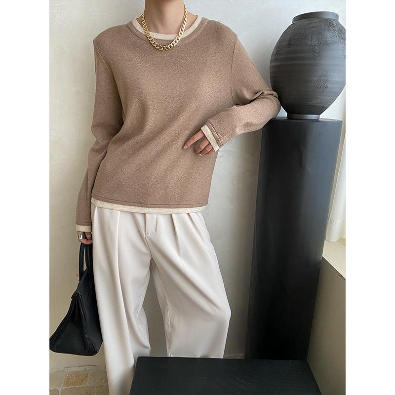 Sinan Fashionable Contrast Stitching Two-Piece Look Knitted Sweater, Round Neck Versatile Design SN4834