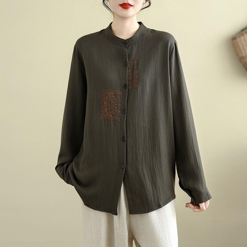 Cotton and Linen Large Size Retro Chinese Embroidered Long-sleeved Shirt Shirt Spring and Autumn Loose All-match Linen Blouse Women