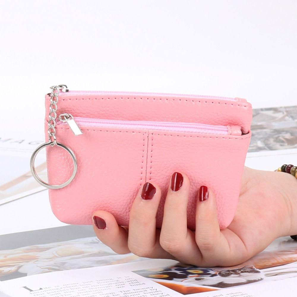 Portable PU Leather Coin Purse Mini Zipper Leather Purses with Keychain Solid Color ID Credit Card Holder