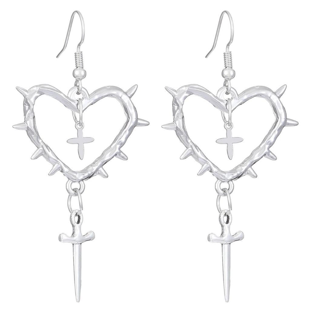 Spiked Heart Dangle Earrings With Red Drop Charms Gothic Style Silver Tone Earrings For Women