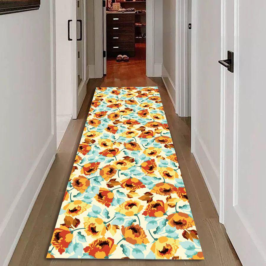 Retro Orange Yellow Floral Runner Rug, Vintage Poppy Flower Light Blue Leaf Long Hallway Mat Non Slip Washable Entryway Carpet