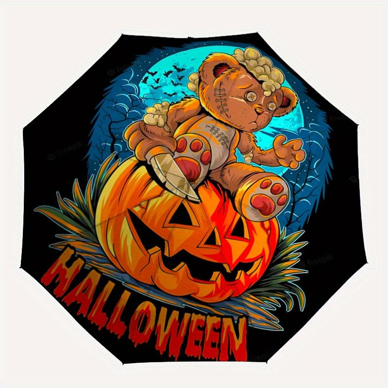 1pc Scary Bear Pumpkin Halloween Cartoon Umbrella, Portable 3-Fold Compact Umbrella, Suitable for Camping, Hiking and Travel, Ideal Easter Birthd