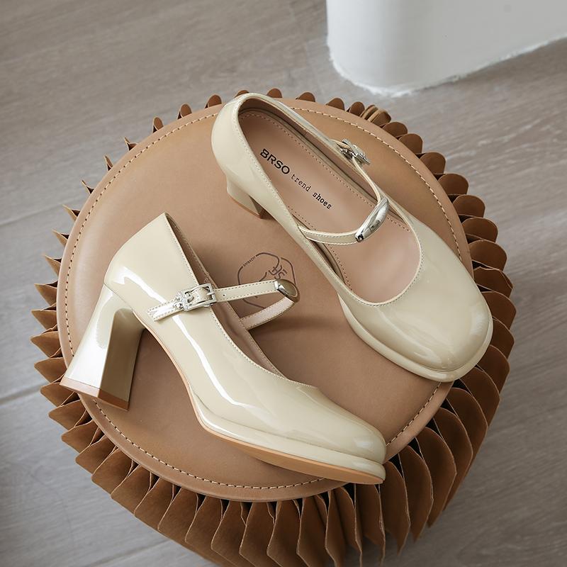 Genuine Leather Mary Jane High Heel Shoes Women's Chunky Heel Slip-On Elegant Mouth Mini Leather Shoes round Toe Rubber Sole