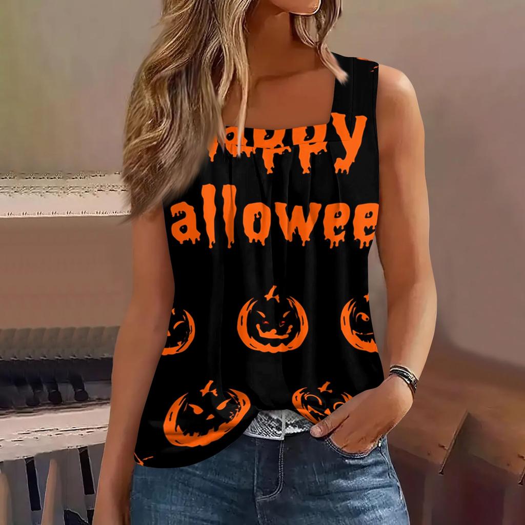 Women Sleeveless Tank Top Square Neck Ruched Halloween Print Casual Summer Blouse Lightweight Comfortable Fit
