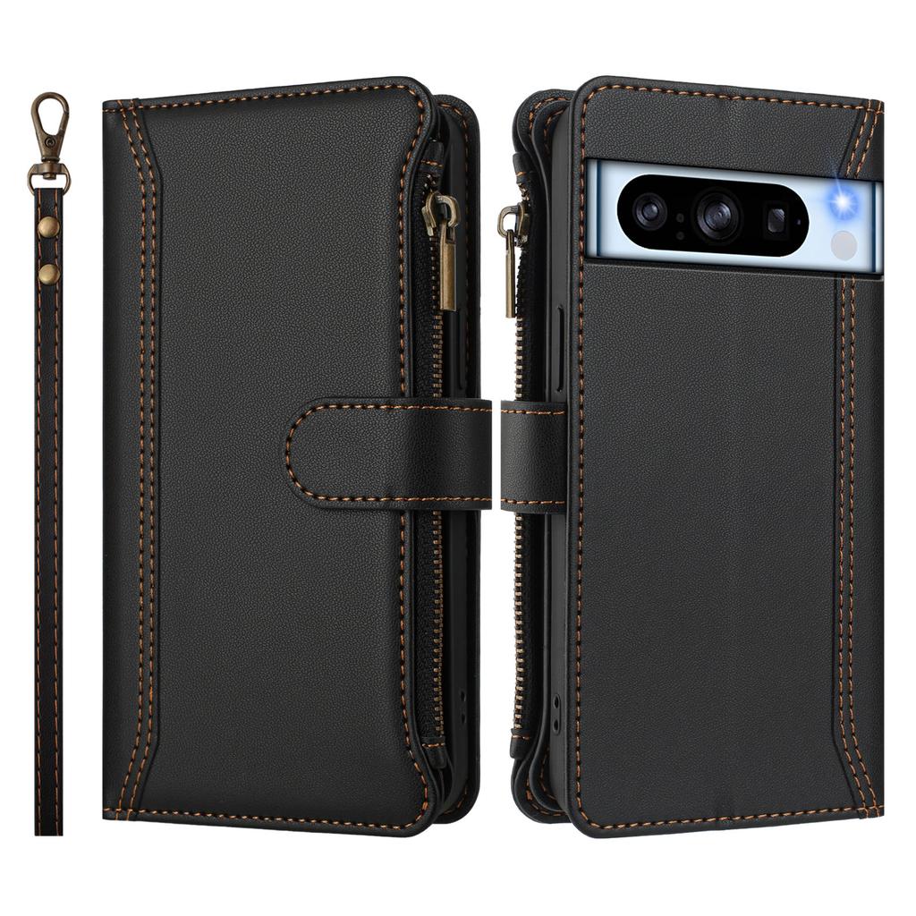 For Google Pixel 8 Pro Leather Case 9 Card Slots Zipper Wallet Stand Phone Cover with Wrist Strap