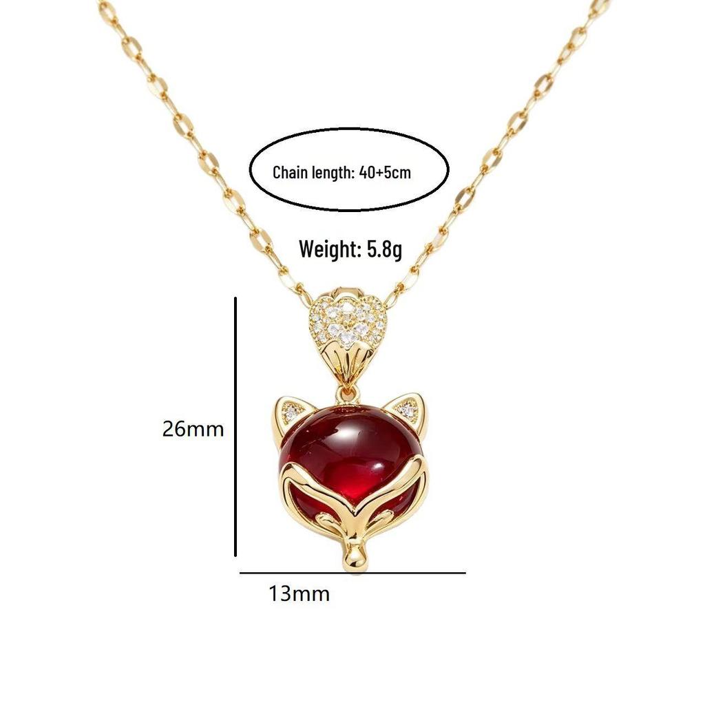 Ruby & Diamond Fox Pendant Titanium Steel Necklace - Women's Fashion Versatile Clavicle Chain Jewelry
