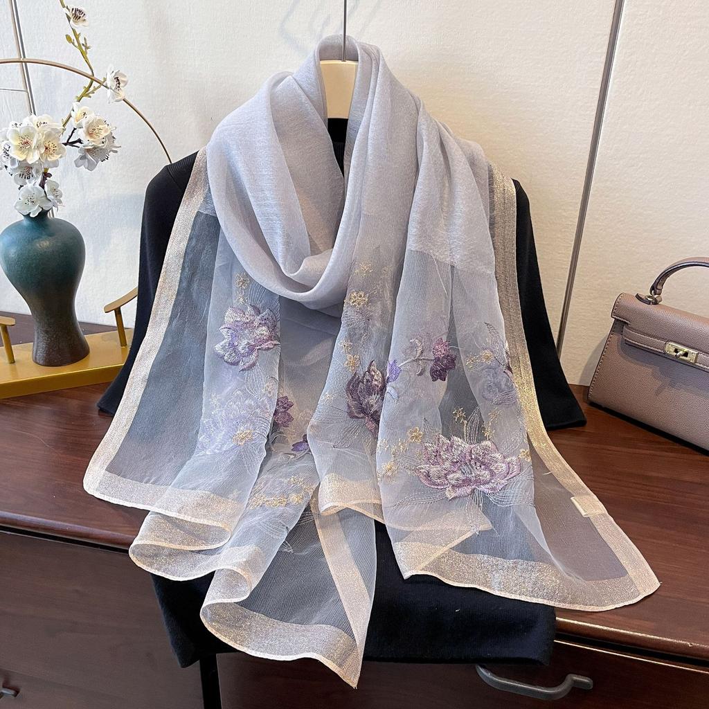 New Silk Wool Embroidered Scarf Spring and Summer Decorative Shawl Flower Embroidered Silk Scarf Blended Scarf
