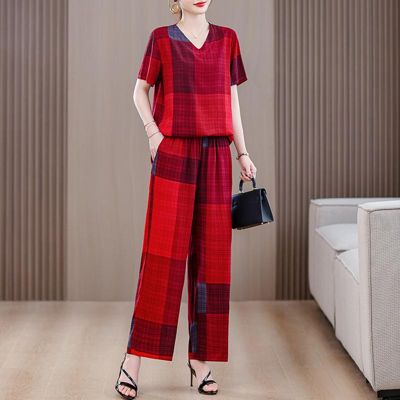 Eleganta 2-delade Set för Kvinnor Plus Size Löst Vintage Tryck Hög Midja Byxset Sommar Casual Kläder för Medelålders Kvinnor