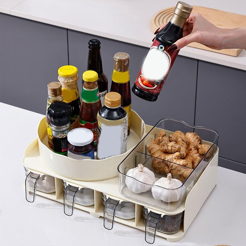 Plastic Countertop Spice Jar and Rack Set Rotatable Condiment Box Spice Organizer  Kitchen