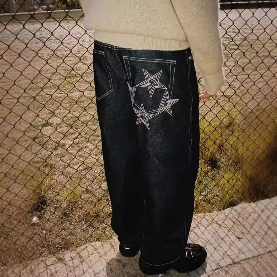 

Брюки High Street Hip Hop Star Printed Jeans Men s Design Sense Straight Loose Wide Legs Casual Брюки XXXL чёрный