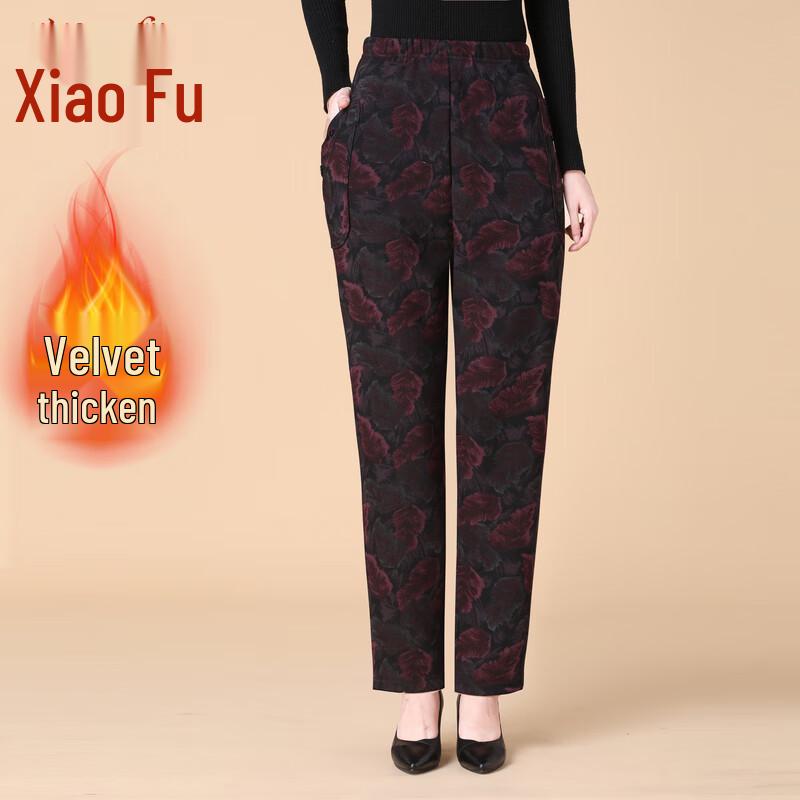 Xiao Fu Senior Women's High-Waisted Loose Floral Fleece-Lined Pants