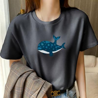 Summer 2025 Fun Whale Print Short Sleeve Women's Design Loose Large Size Skinny Cotton Top White T-Shirt