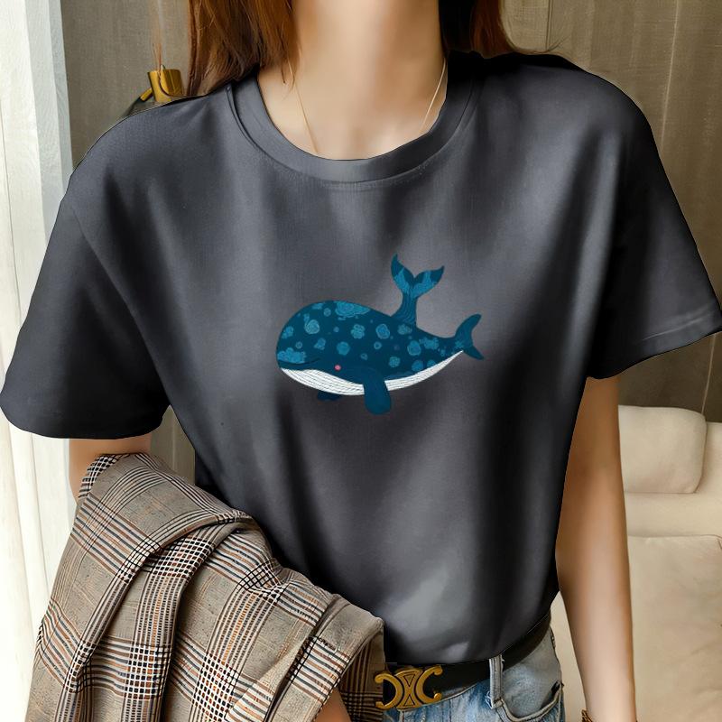 

Summer 2025 Fun Whale Print Short Sleeve Women s Design Loose Large Size Skinny Cotton Top White T-Shirt 3XL