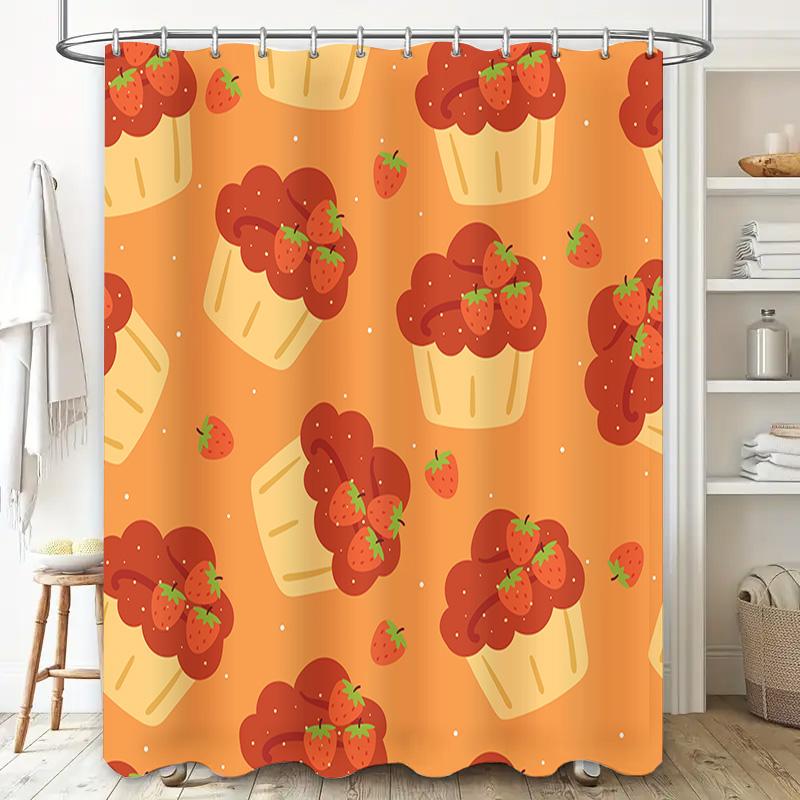 Cute Strawberry Cupcakes Shower Curtain For Home Decor Orange Bath Rug With Flower Printed Design Washable Fabric Shower Curtain