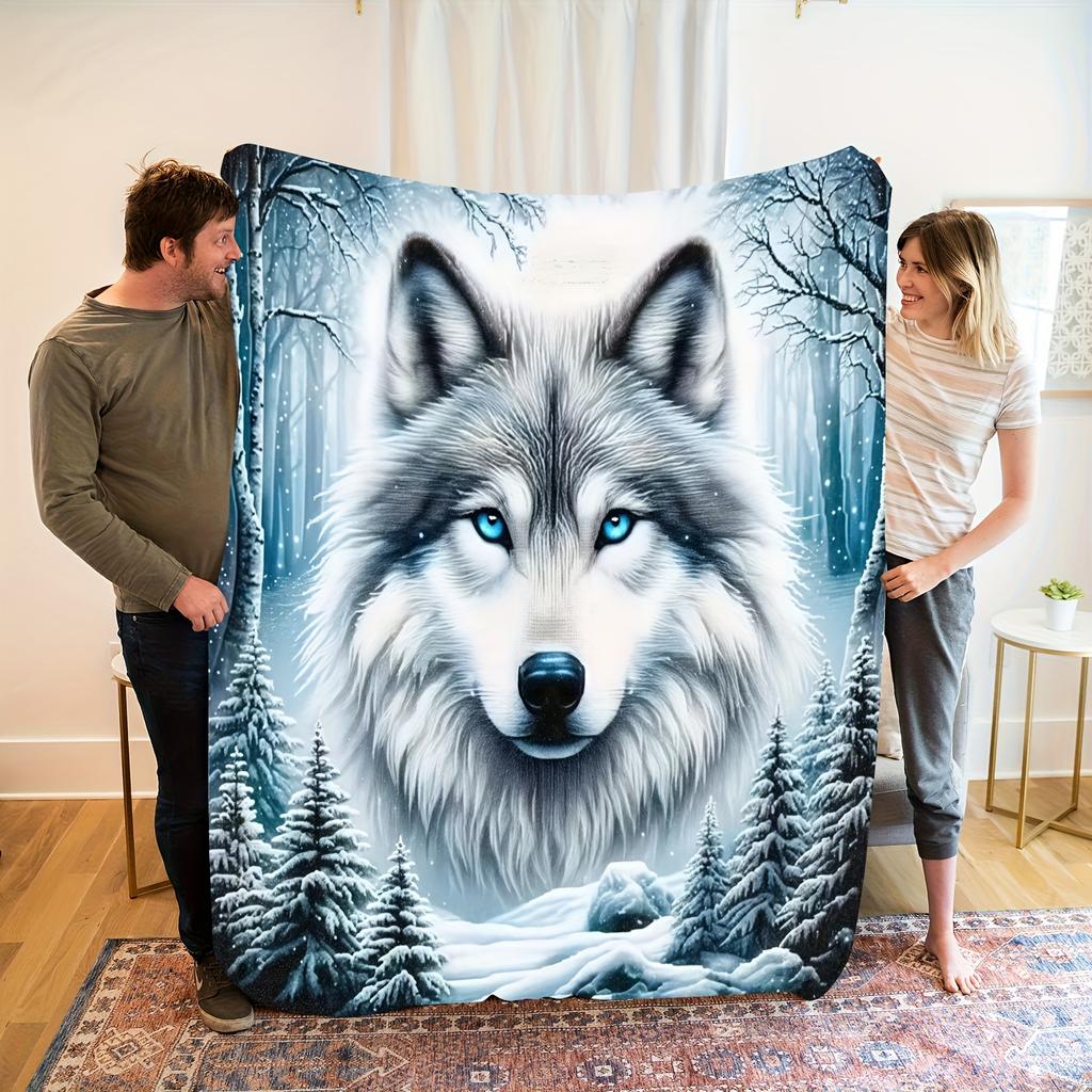 Blue Eyed Wolf Fleece Blanket Winter Forest Print Throw Soft Warm All Season Bedding Home Decor Gift For Wildlife Lovers