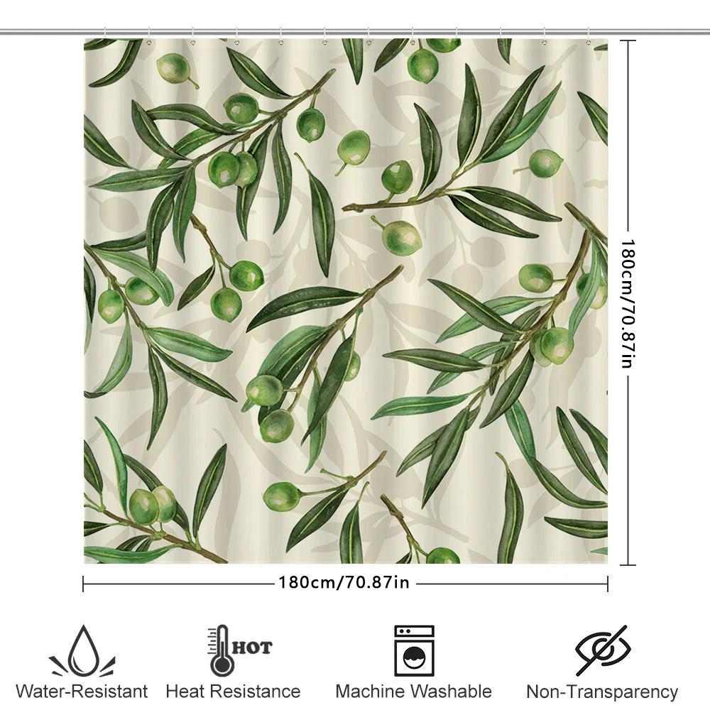 Olive Branches Shower Curtain Natural Green Fruit Pattern, Waterproof Fabric Decor For Bathroom Tiles Backdrop In Bathrooms Kitc