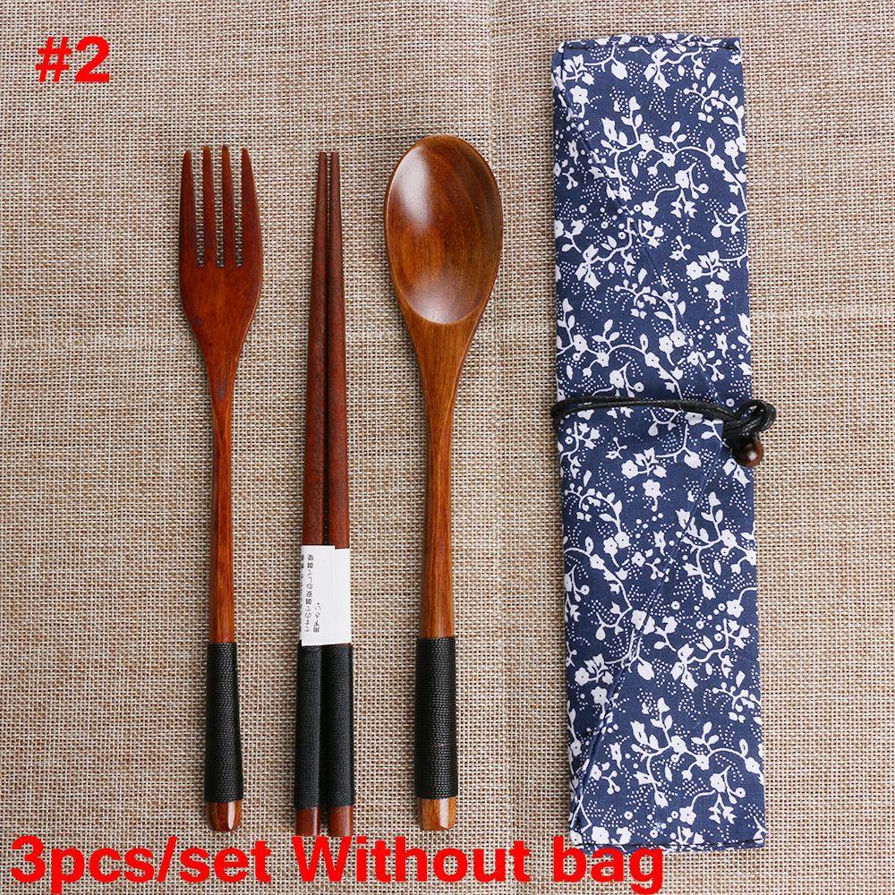 Travel Portable Cutlery Set Natural Spoon Fork Chopsticks Wooden Cloth Bag