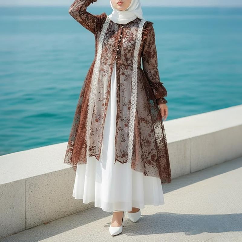 ZANZEA Women Elegant Casual Round Neck Long Sleeve Loose See-Through Lace Cardigan Blouse M