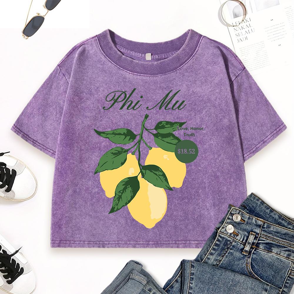 

Love Honor Truth Lemon Fruit Print Washed Slim T Shirts Women Y2K Hip Hop O-Neck T-Shirt Top Summer Cotton Clothes M