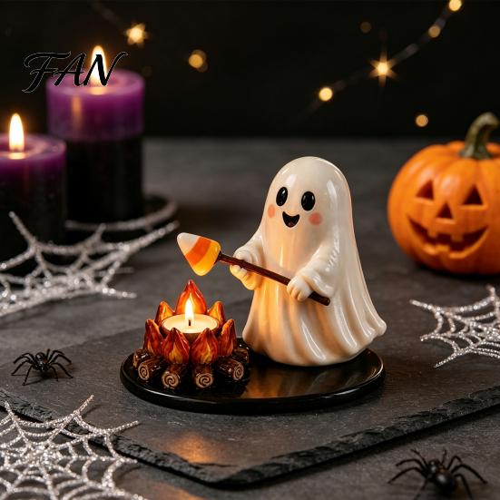 Fall Theme Room Decor Halloween Campfire Tealight Holder, Mummy Ghost Scarecrow Resin Decorative Ornaments Candle Stand for Desk, Harvest Table