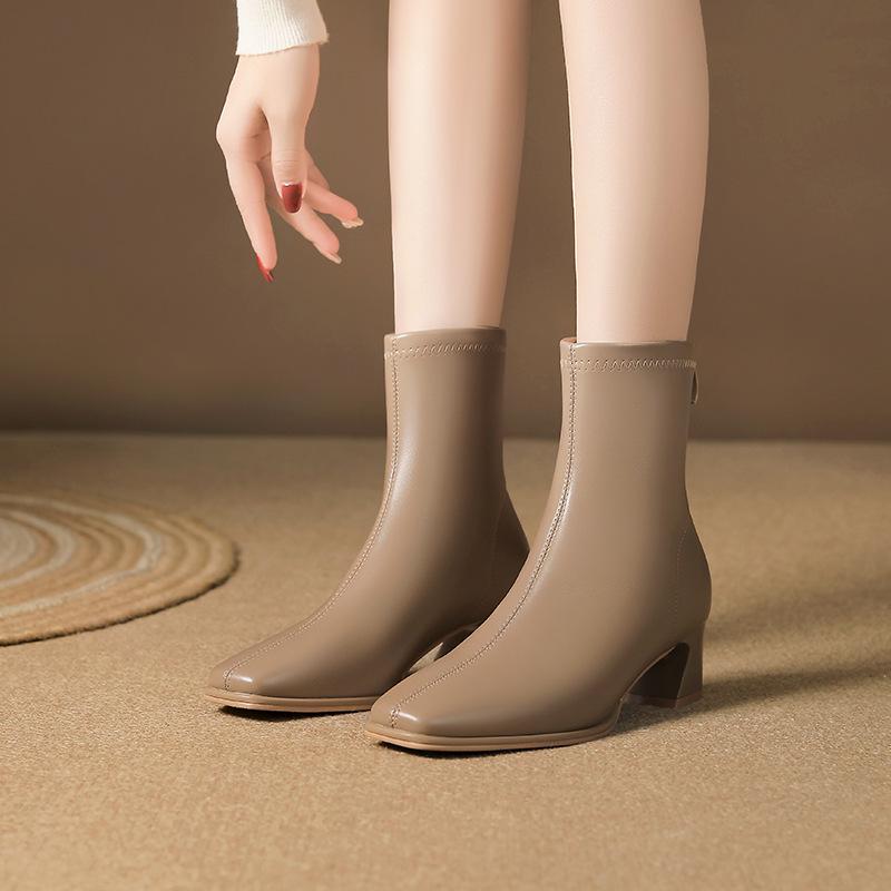 2024 Dame Hvite Martin Ankelstøvletter: Kraftig hæl, Britisk stil, Slankende, Fleecefôret for vår og høst